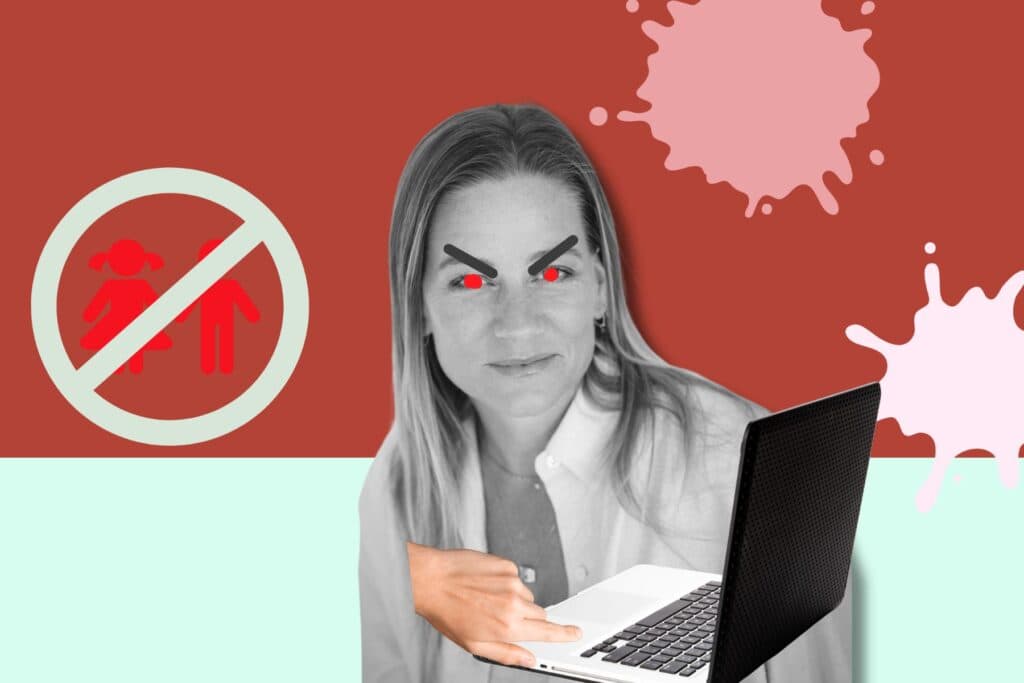 Andrea Jansen mit wütenden Teufelchenaugen vor dem Laptop mit einem Kinder-Verboten-Schild im Hintergrund.