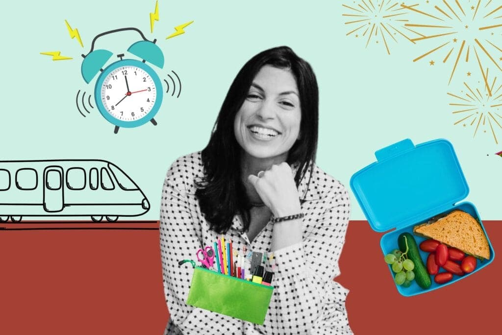 Eine Collage mit Olivia El Sayed mit Wecker, Etui und Znünibox.