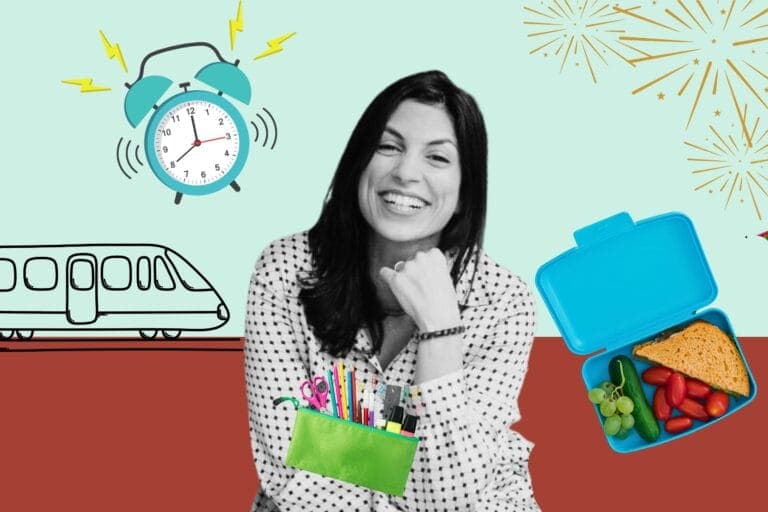 Eine Collage mit Olivia El Sayed mit Wecker, Etui und Znünibox.