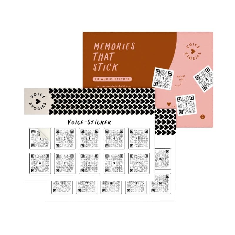Voicestories Mini sind personalisierbare Audio-Sticker im kleinen Format – perfekt, um Sprachnachrichten auf Postkarten, Geschenken oder in Fotoalben kreativ und emotional festzuhalten.