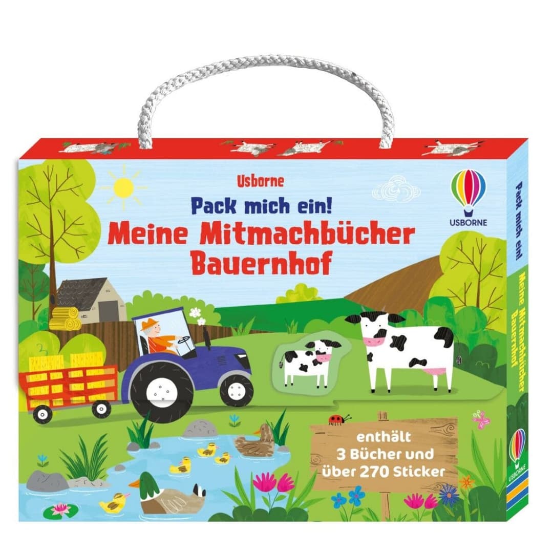 Stickern, wimmeln, malen unterwegs: Der Köfferli mit drei Mitmachbüchern von Usborne ist die kompakte Beschäftigung für Ferien, Auto und Wartezimmer.