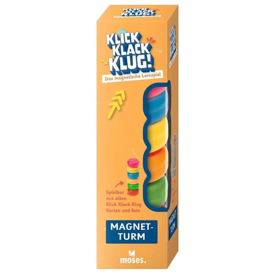 Klick Klack Klug: magnetisches Lernspiel von moses. Starterset, Kartensets und Magnetturm einzeln wählbar – ab 5 Jahren, fördert Konzentration.