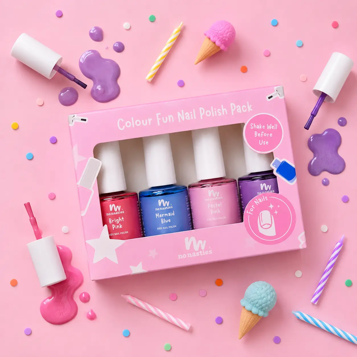 4er-Set Scratch-Off Nagellack für Kinder: wasserbasiert, vegan, ohne Entferner abkratzbar. In Pastel Pink, Mermaid Blue, Poppy Purple & Bright Pink.