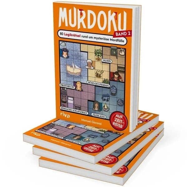 Rätselbuch «Murdoku Band 2 – Auf Zeitreise» von Manuel Garand, riva Verlag, gestapelt