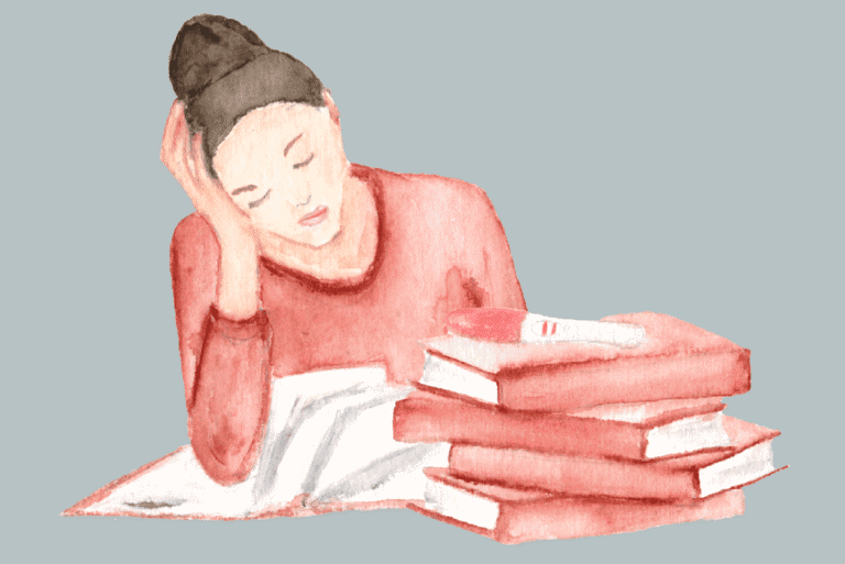 Zeichnung einer jungen Frau, die sich über Schulbücher beugt; darauf liegt ein positiver Schwangerschaftstest. - Ungeplant schwanger mit 16