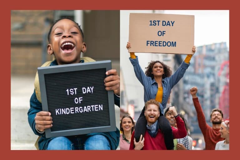 Kind mit Schild "1st Day of Kindergarten", jubelnde Eltern mit Schild "1st Day of Freedom". Kindergartenstart – eine Gegenüberstellung.