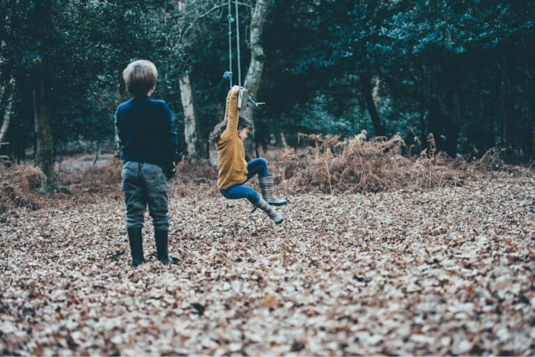 Mädchen hängt an einer improvisierten Schaukel im herstlichen Wald, Bub schaut zu. Ratschläge einer Kinderpsychologin für Eltern in Trennung