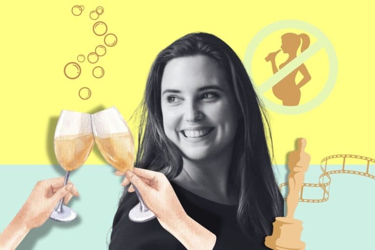 Collage mit Porträt von Kolumnistin Rebekka Bräm, zwei Champagnergläsern, einem Oscar und einem Verbotsschild mit trinkender Schwangerer