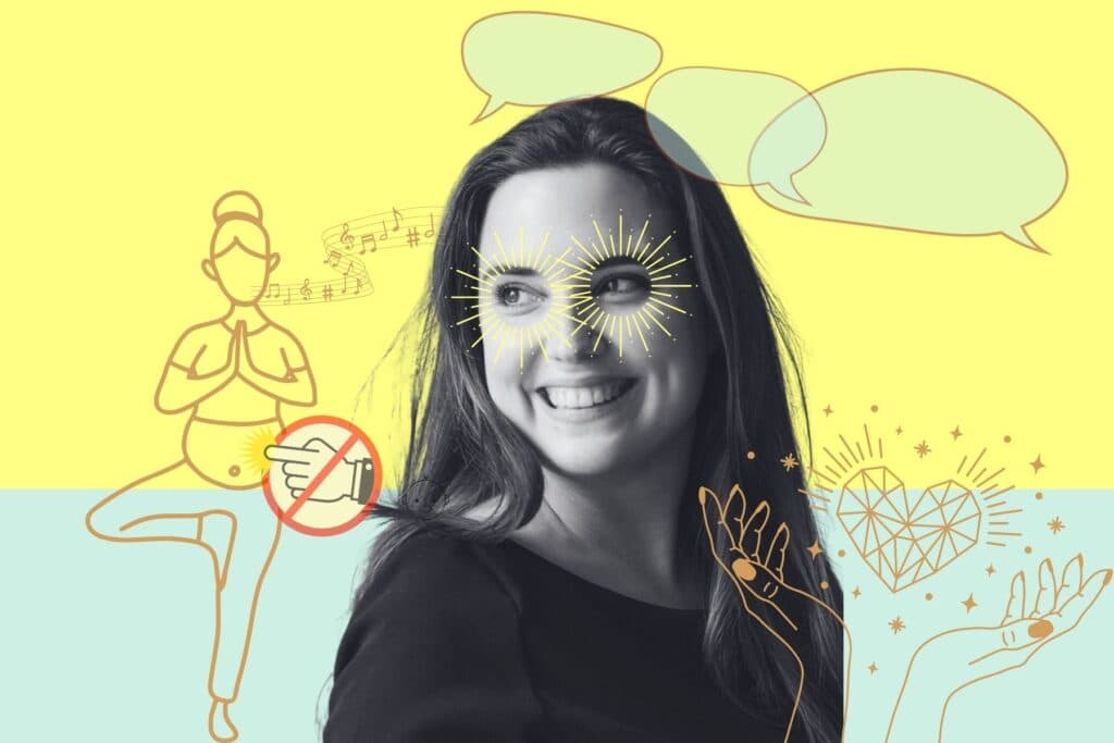 Collage mit Porträt von Kolumnistin Rebekka Bräm. Nicht alle Schwangeren strahlen, praktizieren Yoga und lassen Fremde ihren Bauch berühren.