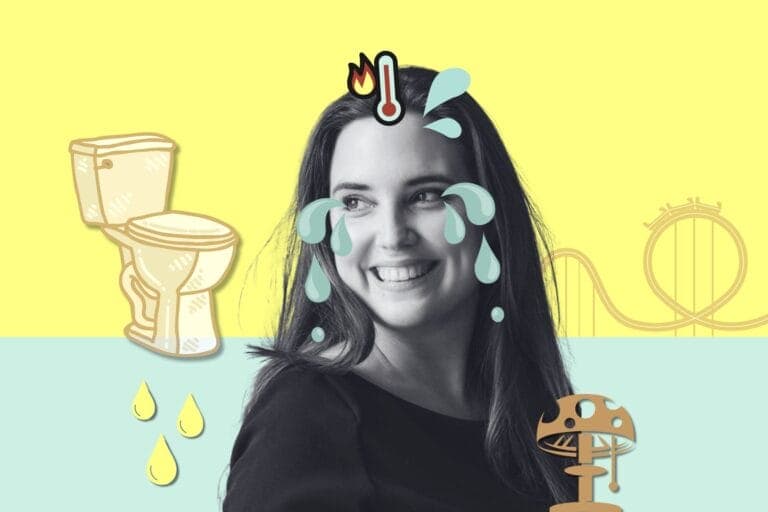 Collage mit Porträt von Kolumnistin Rebekka Bräm, Toilette, Pilzlampe und Achterbahn. - Körperliche Besonderheiten in der Schwangerschaft.