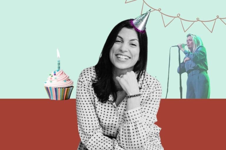 Collage aus Porträt von Olivia El Sayed mit Geburtstagshut und Cupcake.