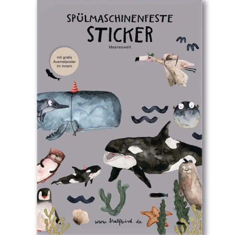 Spülmaschinenfeste Meer-Sticker für Flaschen und Tassen – mit Wal, Otter & Co für mehr Spass und Wiedererkennung.