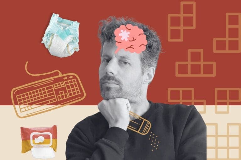 Collage mit Porträt von Kolumnist Markus Tschannen mit Salzstreuer, Windel, Tastatur, Feuchttüchern und Tetris - Das 3. Kind ist unterwegs