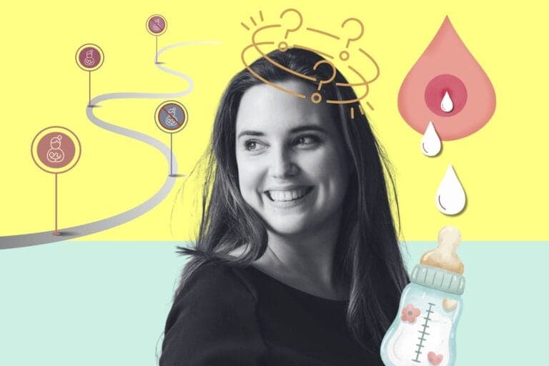 Collage mit Porträt von Kolumnistin Rebekka Bräm, tropfender Brust, Babyfläschchen und schlängelndem Weg mit Tafeln. – Stillen oder nicht?