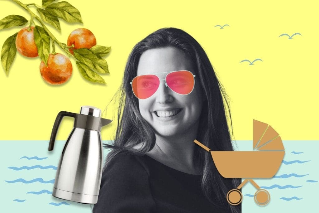 Collage mit Porträt von Kolumnistin Rebekka Bräm mit Sonnenbrille, Thermoskanne, Kinderwagen und Orangenbaum. – Die ersten Ferien mit Baby