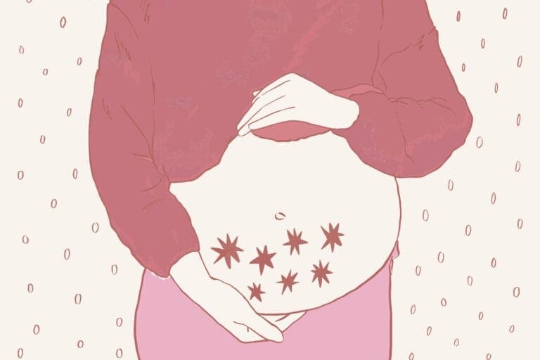 Illustration eines schwangeren Bauches, darauf sind sieben Sterne abgebildet. - Selektive Abtreibung eines Zwillings, ein Erfahrungsbericht.