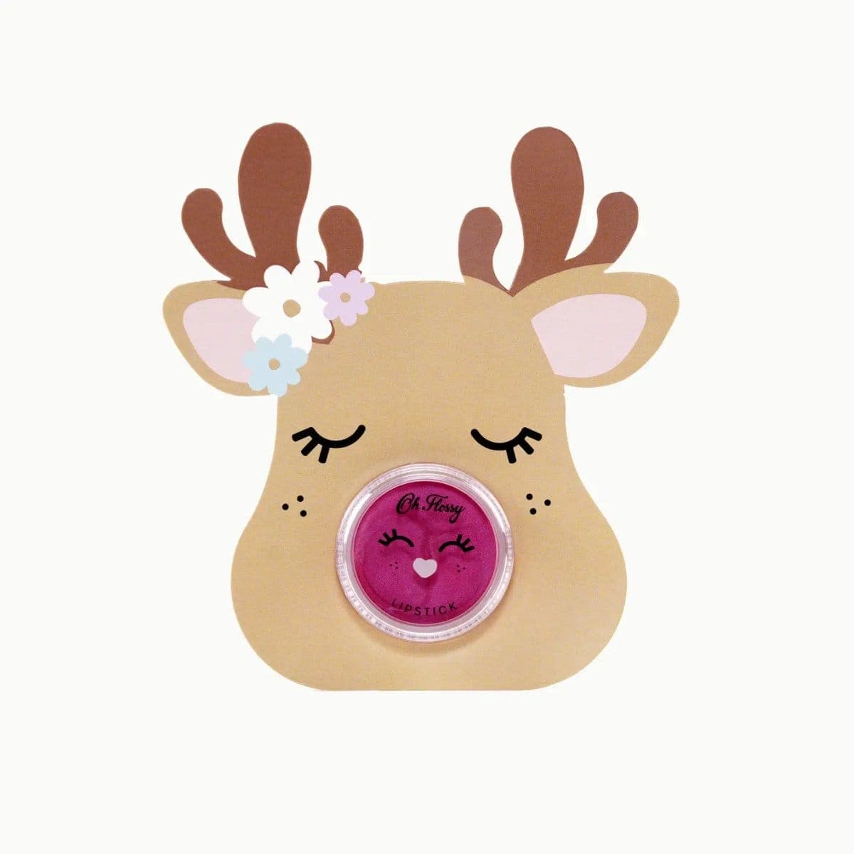 Veganer Kinder-Lippenstift von Oh Flossy auf einer Rentier-Karte mit Geschenkfeldern: pink schimmernd, ab 3 Jahren. Ideal fürs Chlaussäckli.